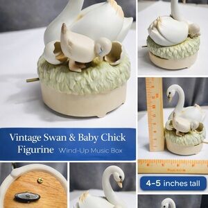 Vintage Swan Music Box Figurine Mom & Baby Chick Nursery Decor